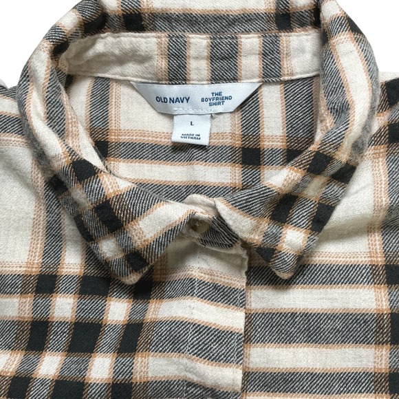 Old Navy Women's Beige Black Plaid Boyfriend Flannel Shirt Size L Long Sleeve - Picture 3 of 6